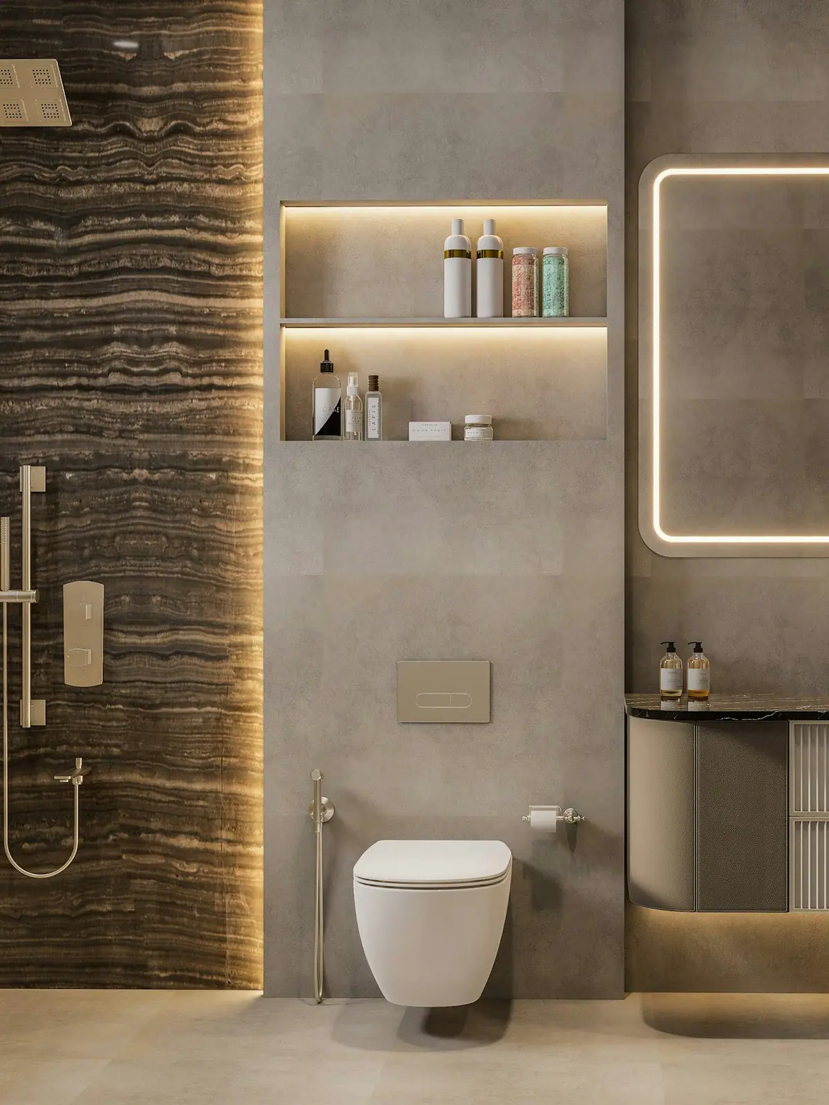 Gizli aydınlatmalı nişli banyo