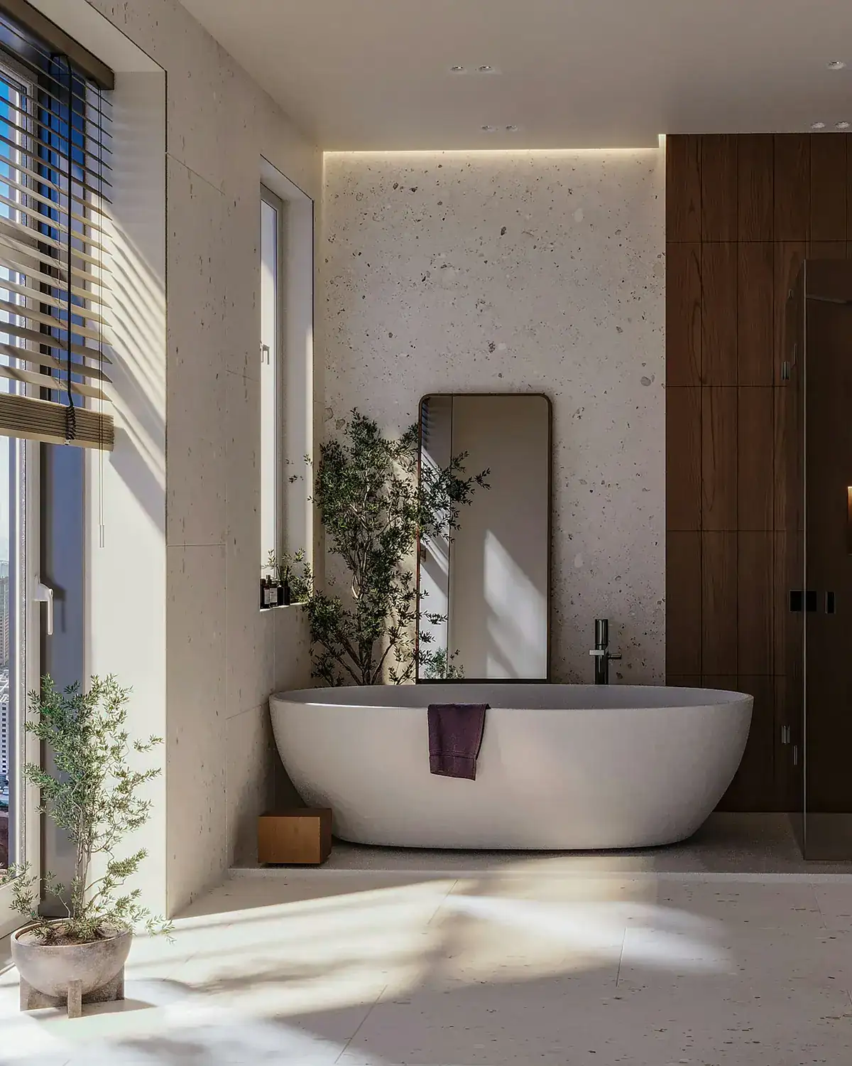 Teslim edilmiş, küvetli aydınlık banyo